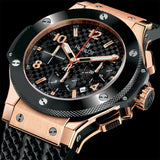 Hublot Big Bang Gold Ceramic 44mm-Hublot Big Bang Gold Ceramic 44mm with black stamped carbon effect dial on black rubber strap, featuring a chronograph function and automatic movement with up to 42 hours of power reserve.