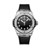 Hublot Big Bang One Click Steel Diamonds 33mm-Hublot Big Bang One Click Steel Diamonds - 485.SX.1270.RX.1204 - 33mm stainless steel case with diamond bezel, black dial with diamond markers. Date display. Automatic movement, power reserve to 40 hours. Black structured lined rubber strap. Water resistance to 100m