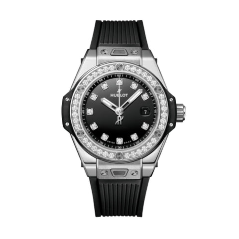 Hublot Big Bang One Click Steel Diamonds 33mm-Hublot Big Bang One Click Steel Diamonds - 485.SX.1270.RX.1204 - 33mm stainless steel case with diamond bezel, black dial with diamond markers. Date display. Automatic movement, power reserve to 40 hours. Black structured lined rubber strap. Water resistance to 100m