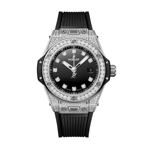 Hublot Big Bang One Click Steel Pavé 33mm-Hublot Big Bang One Click Steel Pavé - 485.SX.1270.RX.1604 - 33mm stainless steel case with diamond case. Black dial with diamond markers. Date display. Automatic movement, power reserve to 40 hours. Water resistance to 100m. Rubber strap