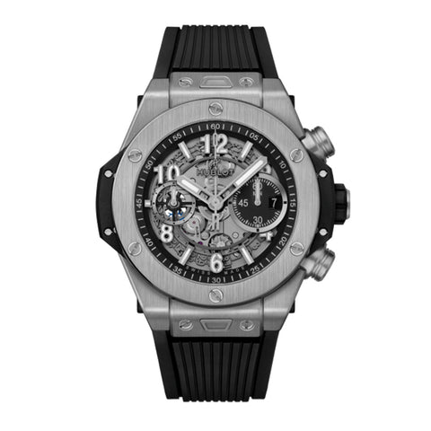 Hublot Big Bang Unico Titanium 44mm-Hublot Big Bang Unico Titanium 44mm - 421.NM.1170.RX - Hublot Big Bang Unico Titanium in a 44mm titanium case with matte black skeleton dial on black structured lined rubber straps, featuring a chronograph self-winding movement with up to 72 hours of power reserve.