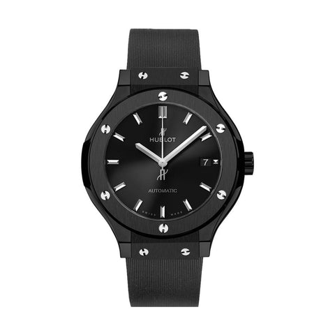 Hublot Classic Fusion Black Magic 38mm-Hublot Classic Fusion Automatic 38mm - 565.CM.1470.RX - Hublot Classic Fusion Automatic in a 38mm black ceramic case with black dial on rubber strap, featuring a date display and automatic movement with up to 42 hours power reserve.