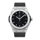 Hublot Classic Fusion Titanium 45mm-Hublot Classic Fusion Titanium in a 45mm titanium case with black dial on rubber strap, featuring a date display and automatic movement with up to 42 hours power reserve. 
