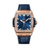 Hublot Spirit of Big Bang King Gold Blue Diamonds 39mm-Hublot Spirit of Big Bang King Gold Blue Diamonds - 665.OX.7180.LR.1204 - Hublot Spirit of Big Bang King Gold Blue Diamonds in a 39mm 18 karat King Gold diamond bezel case with blue dial on leather strap, featuring a date display and automatic movement with approximately 50 hours power reserve.