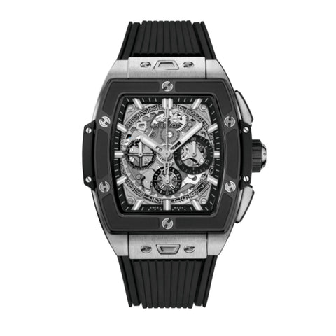 Hublot Spirit of Big Bang Titanium Ceramic 42mm-Hublot Spirit of Big Bang Titanium Ceramic - 642.NM.0170.RX - Hublot Spirit of Big Bang Titanium Ceramic in a 42mm titanium and black ceramic case with skeleton dial on black structured lined rubber strap, featuring a chronograph function and self-winding movement with up to 50 hours power reserve.