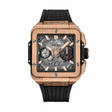 Hublot Square Bang Unico King Gold 42mm-Hublot Square Bang Unico King Gold 42mm - 821.OX.0180.RX - Hublot Square Bang Unico King Gold in a 42mm satin and polished 18 karat King Gold case with skeleton dial on rubber strap, featuring a flyback chronograph function and automatic movement with approximately 72 hours power reserve.