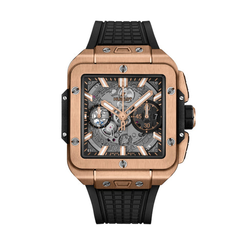 Hublot Square Bang Unico King Gold 42mm-Hublot Square Bang Unico King Gold 42mm - 821.OX.0180.RX - Hublot Square Bang Unico King Gold in a 42mm satin and polished 18 karat King Gold case with skeleton dial on rubber strap, featuring a flyback chronograph function and automatic movement with approximately 72 hours power reserve.