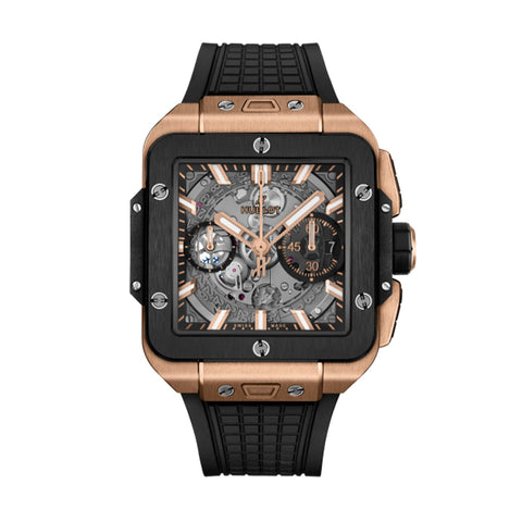 Hublot Square Bang Unico King Gold Ceramic 42mm-Hublot Square Bang Unico King Gold Ceramic 42mm - 821.OM.0180.RX - Hublot Square Bang Unico King Gold Ceramic in a 42mm 18k King Gold and Black Ceramic case with skeleton dial on rubber strap, featuring a flyback chronograph function and automatic movement with approximately 72 hours power reserve.