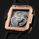 Hublot Square Bang Unico King Gold Pavé 42mm-Hublot Square Bang Unico King Gold Pave - 821.OX.0180.RX.1604 - Hublot Square Bang Unico King Gold Diamonds in a 42mm 18k King Gold pavé diamond case with skeleton dial on rubber strap, featuring a flyback chronograph function and automatic movement with approximately 72 hours power reserve.