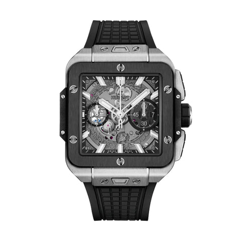 Hublot Square Bang Unico Titanium Ceramic 42mm-Hublot Square Bang Unico Titanium Ceramic 42mm - 821.NM.0170.RX - Hublot Square Bang Unico Titanium in a 42mm titanium and black ceramic case with skeleton dial on black rubber strap, featuring a chronograph function and automatic movement with approximately 72 hours power reserve.