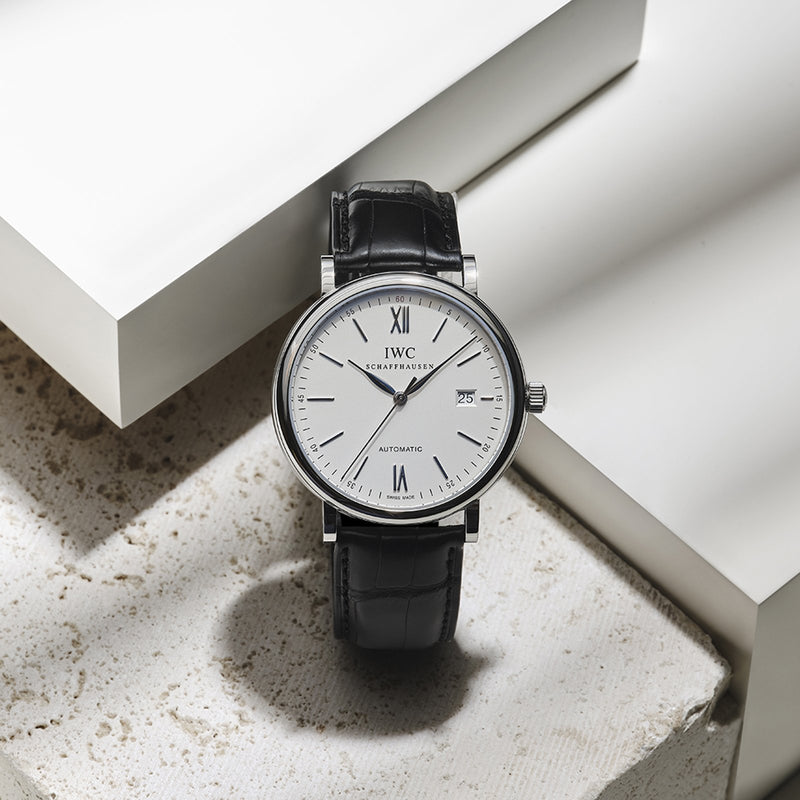 IWC Schaffhausen Portofino Automatic 40-IWC Schaffhausen Portofino Automatic in a 40mm stainless steel case with silver dial on leather strap, featuring a date display and automatic movement.