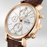 IWC Schaffhausen Portofino Chronograph 42-IWC Schaffhausen Portofino Chronograph 42 in rose gold with silver dial on leather strap featuring a chronograph function, day date display and automatic movement.
