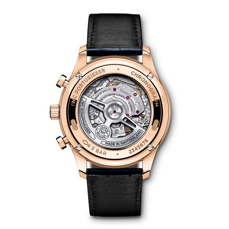 IWC Schaffhausen Portugieser Chronograph 41-IWC Schaffhausen Portugieser Chronograph 41 in rose gold with blue dial on leather strap, featuring a chronograph function and automatic movement.