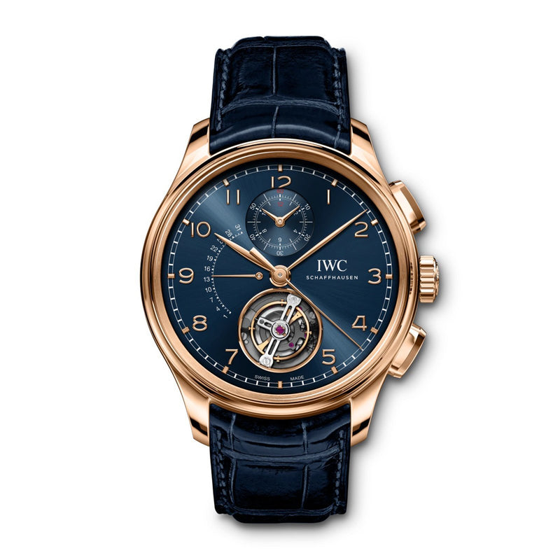 IWC Schaffhausen Portugieser Tourbillon Retrograde Chronograph Boutique Edition-IWC Schaffhausen Portugieser Tourbillon Retrograde Chronograph Boutique Edition in 43.5mm 18 karat Armor Gold® case with blue dial on Santoni leather strap, featuring a tourbillon, chronograph function, retrograde date, and automatic self-winding movmenet. Limited to 50 pieces.