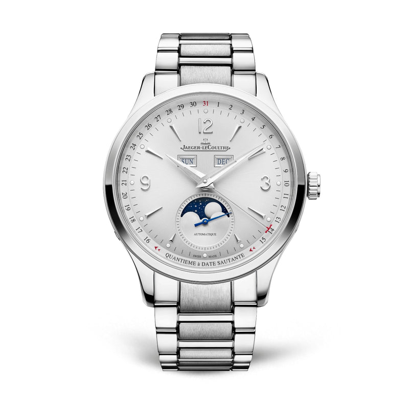 Jaeger-LeCoultre Master Control Calendar-Jaeger-LeCoultre Master Control Calendar in a 40mm stainless steel case with silver dial on stainless steel bracelet, featuring a complete calendar, moon phase, and automatic movement.