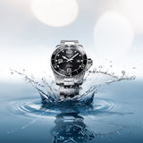 Longines HydroConquest 41mm-Longines HydroConquest in a 41mm stainless steel case with black dial on stainless steel bracelet, featuring date display and automatic movement with up to 72 hours of power reserve.