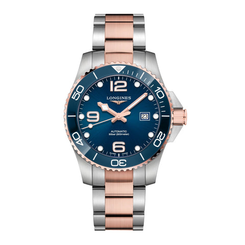 Longines HydroConquest 43mm-Longines HydroConquest - L3.782.3.98.7 - Longines HydroConquest in a 43mm stainless steel/red pvd coating case with blue dial on stainless steel/red pvd coating two tone bracelet, featuring a date display and automatic movement with up to 72 hours of power reserve.
