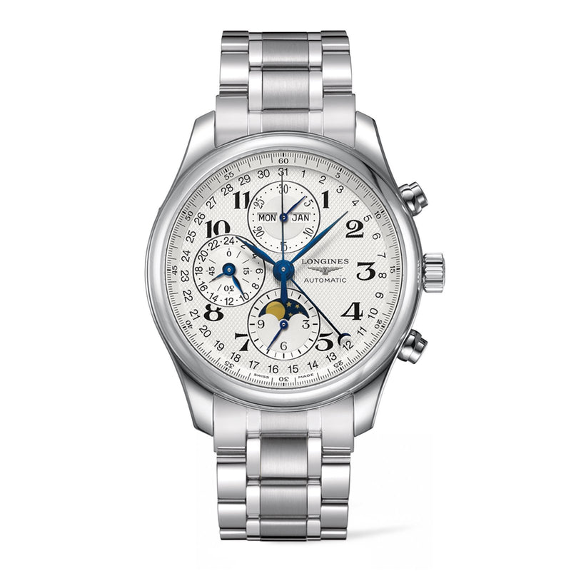 Longines Master Collection Chrono Moonphase 42mm-Longines Master Collection Chronograph Moon Phase in a 42mm stainless steel case with silver dial on stainless steel bracelet, featuring a chronograph function, moon phase and automatic movement with up to 66 hours power reserve.