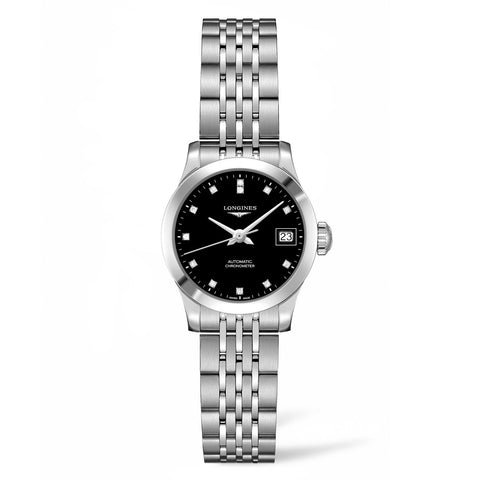 Longines Record 26mm-Longines Record in a 26mm stainless steel case with black dial on stainless steel bracelet, featuring a date display and automatic movement.