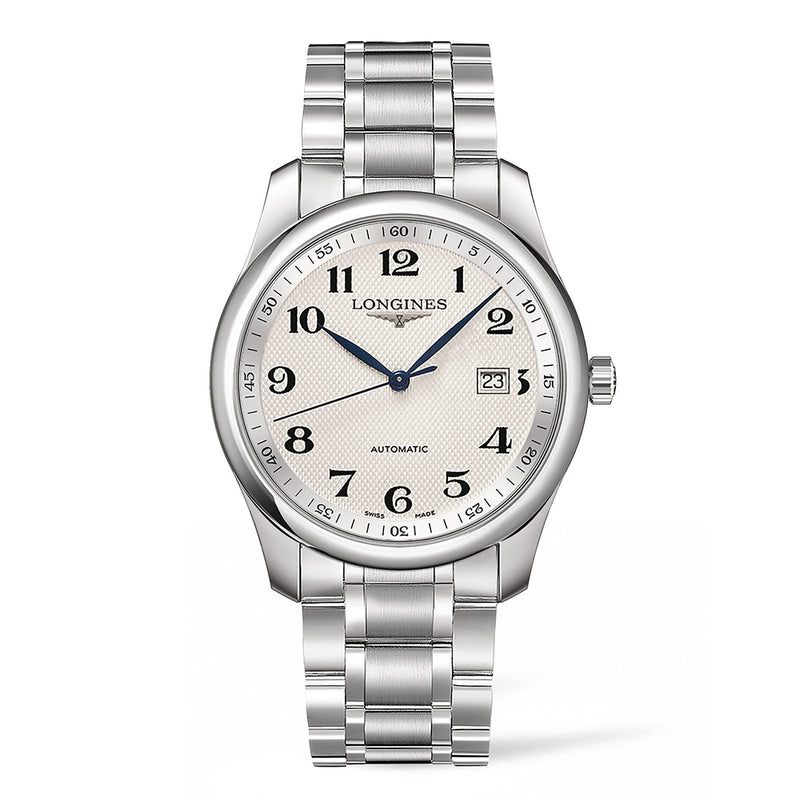 Longines The Master Collection 40mm-Longines The Master Collection in a 40mm stainless steel case with silver "barleycorn" dial on stainless steel bracelet, featuring a date display and automatic movement with up to 72 hours power reserve.