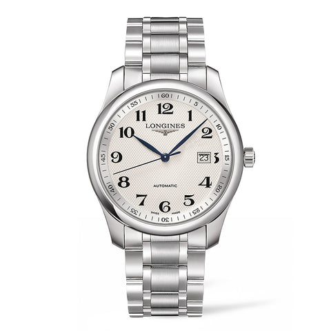 Longines The Master Collection 40mm-Longines The Master Collection in a 40mm stainless steel case with silver "barleycorn" dial on stainless steel bracelet, featuring a date display and automatic movement with up to 72 hours power reserve.