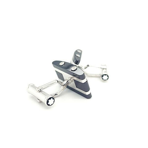 Montblanc Silver and Black Ceramic Cufflinks-Montblanc Silver and Black Ceramic Cufflinks -