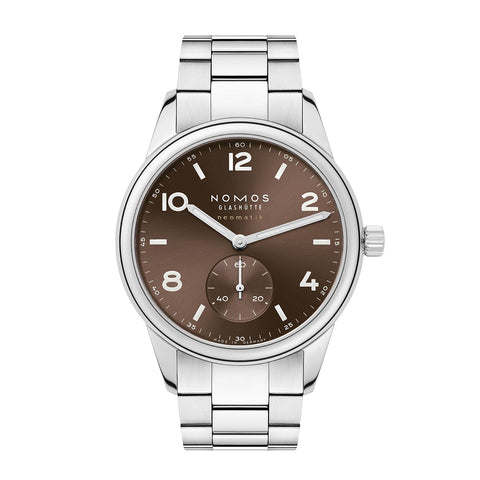 NOMOS Glashütte Club Sport Neomatik 39 Tabac-Nomos Club Sport Neomatik 39 Taback in 39mm stainless steel case with dark brown dial featuring a small seconds and automatic movement with 43 hours of power reserve.