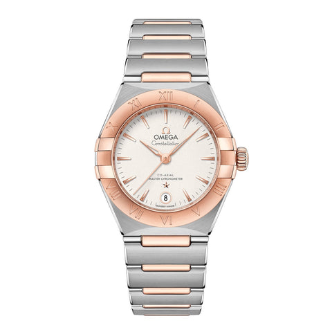 Omega Constellation 29mm-Omega Constellation Co-Axial Master Chronometer in a 29mm stainless steel/Sedna gold case with silver dial on stainless steel/Sedna gold bracelet, featuring a date display and automatic movement with 50 hours power reserve.