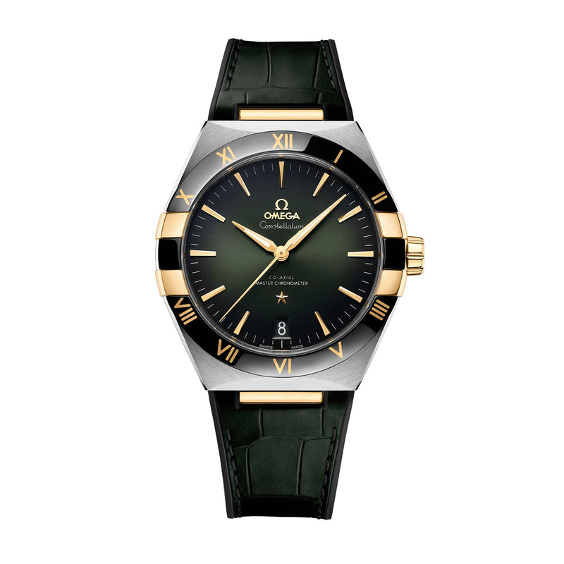 Omega Constellation 41mm-Omega Constellation Co-axial Master Chronometer 41mm in stainless steel and 18 karat yellow gold case with green dial on leather strap, featuring a date display and automatic movement.
