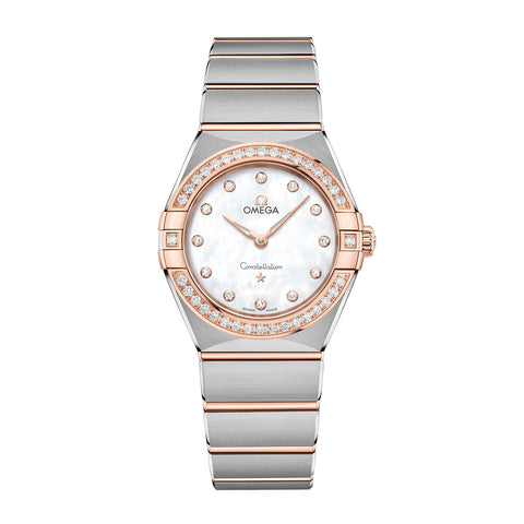 Omega Constellation 28mm-Omega Constellation Quartz 28mm - 131.25.28.60.55.001 - Omega Constellation Quartz in a 28mm stainless steel/Sedna gold diamond bezel case with white mother-of-pearl dial, featuring diamond markers and quartz movement.