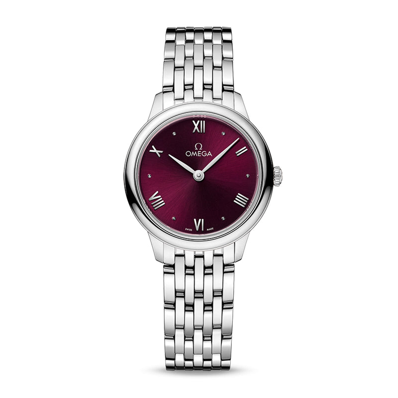 Omega De Ville Prestige 27.5mm-Omega De Ville Prestige Quartz 27.5mm in stainless steel with purplish burgundy dial on stainless steel bracelet with a quartz movement.