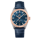 Omega Constellation Globemaster 39mm-Omega Globemaster Omega Co-Axial Master Chronometer in a 39mm stainless steel/Sedna gold case with blue dial on leather strap, featuring a date display and automatic movement.