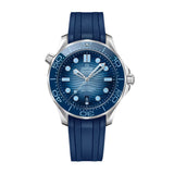 Omega Seamaster 75th Anniversary Diver 300m 42mm - Summer Blue-Omega Seamaster 75th Anniversary Diver 300m Co-Axial Master Chronometer 42mm - 210.32.42.20.03.002 - Omega Seamaster 75th Anniversary Diver 300m Co-Axial Master Chronometer in a 42mm stainless steel case with blue dial on rubber strap, featuring a date display and automatic movement.