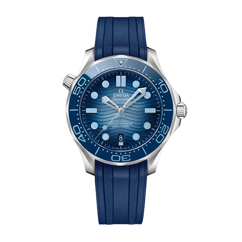 Omega Seamaster 75th Anniversary Diver 300m 42mm - Summer Blue-Omega Seamaster 75th Anniversary Diver 300m Co-Axial Master Chronometer 42mm - 210.32.42.20.03.002 - Omega Seamaster 75th Anniversary Diver 300m Co-Axial Master Chronometer in a 42mm stainless steel case with blue dial on rubber strap, featuring a date display and automatic movement.
