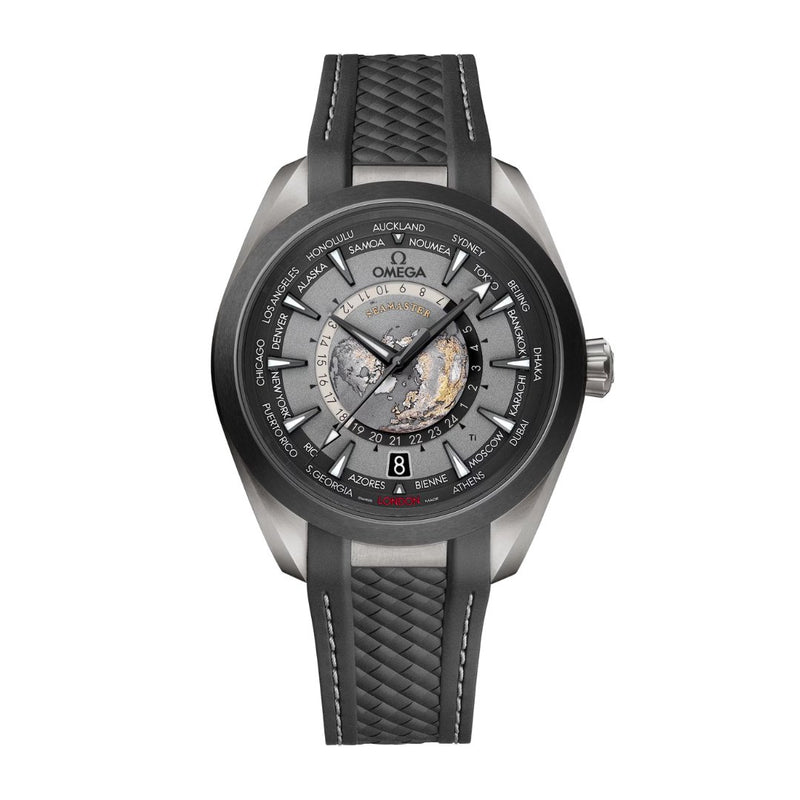 Omega Seamaster Aqua Terra 150m 43mm - Worldtimer-Omega Seamaster Aqua Terra 150m Co-Axial Master Chronometer GMT Worldtimer in a 43mm brushed titanium case with grey dial on rubber strap, featuring a world time function, date display and automatic movement.