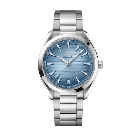 Omega Seamaster 75th Anniversary Aqua Terra 150m 41mm - Summer Blue-Omega Seamaster 75th Anniversary Aqua Terra 150M Co‑Axial Master Chronometer in a 41mm stainless steel case with "summer" blue dial on stainless steel bracelet, featuring a date display and automatic movement.
