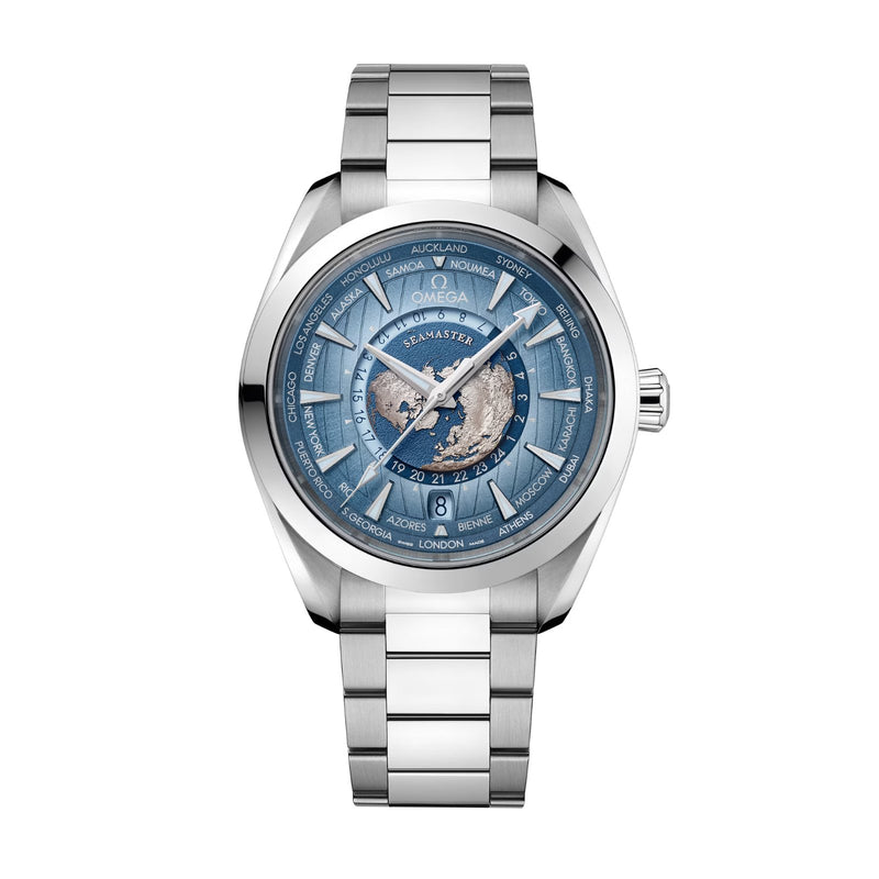 Omega Seamaster 75th Anniversary Aqua Terra 150m 43mm - Worldtimer-Omega Seamaster 75th Anniversary Aqua Terra 150M Co‑Axial Master Chronometer GMT Worldtimer in a 43mm stainless steel case with "summer" blue dial on stainless steel bracelet, featuring a world time function, date display and automatic movement.