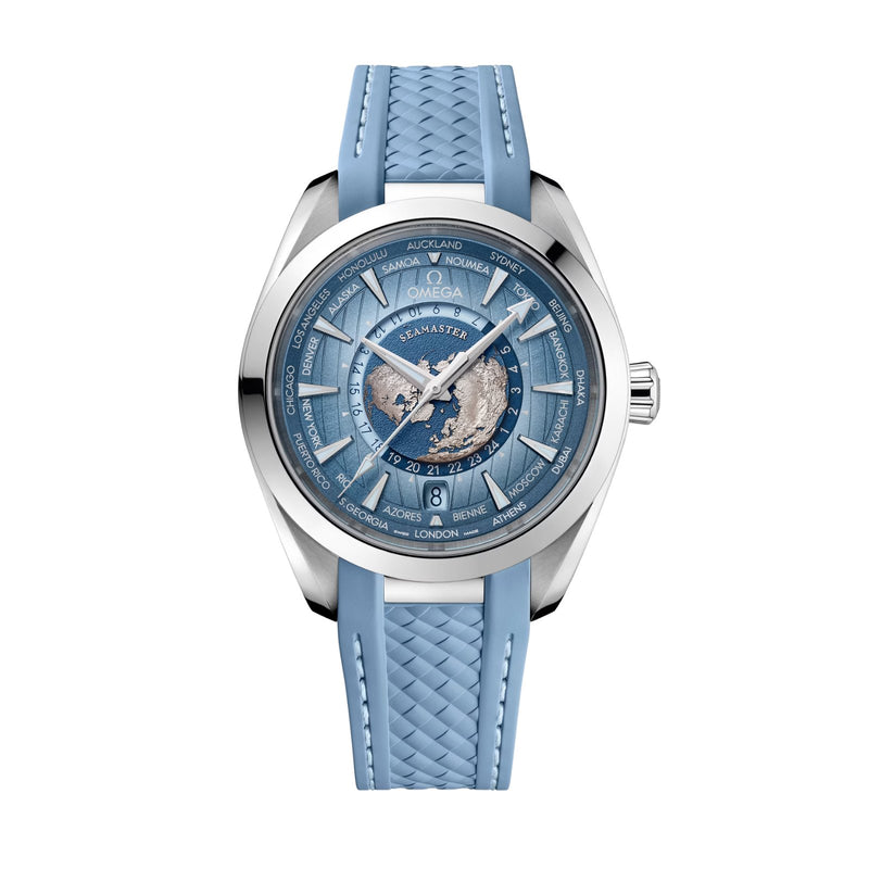 Omega Seamaster 75th Anniversary Aqua Terra 150m 43mm - Worldtimer-Omega Seamaster 75th Anniversary Aqua Terra 150M Co‑Axial Master Chronometer GMT Worldtimer in a 43mm stainless steel case with "summer" blue dial on rubber strap, featuring a world time function, date display and automatic movement.