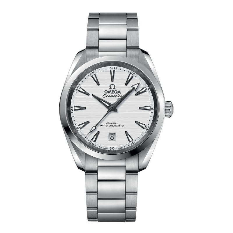 Omega Seamaster Aqua Terra 150m 38mm-Omega Seamaster Aqua Terra 150m Omega Co-Axial Master Chronometer in a 38mm stainless steel case with silver dial on stainless steel bracelet, featuring a date display and automatic movement.