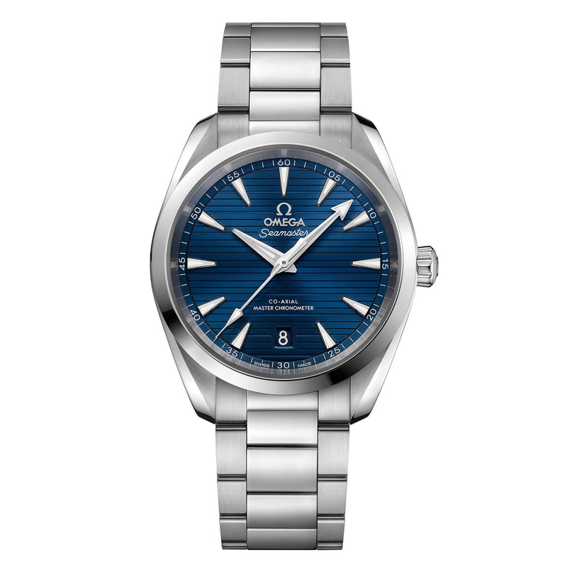Omega Seamaster Aqua Terra 150m 38mm-Omega Seamaster Aqua Terra 150m Omega Co-Axial Master Chronometer in a 38mm stainless steel case with blue dial on stainless steel bracelet, featuring a date display and automatic movement.