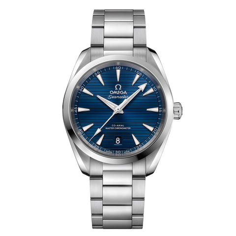Omega Seamaster Aqua Terra 150m 38mm-Omega Seamaster Aqua Terra 150m Omega Co-Axial Master Chronometer in a 38mm stainless steel case with blue dial on stainless steel bracelet, featuring a date display and automatic movement.