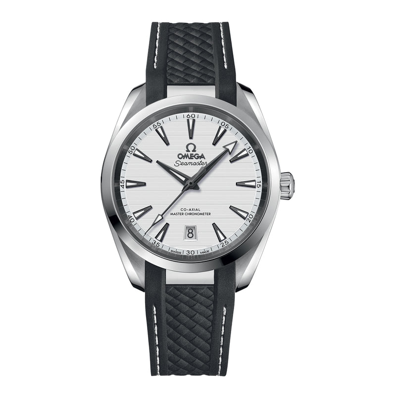 Omega Seamaster Aqua Terra 150m 38mm-Omega Seamaster Aqua Terra 150m Omega Co-Axial Master Chronometer in a 38mm stainless steel case with silver dial on rubber strap, featuring a date display and automatic movement.