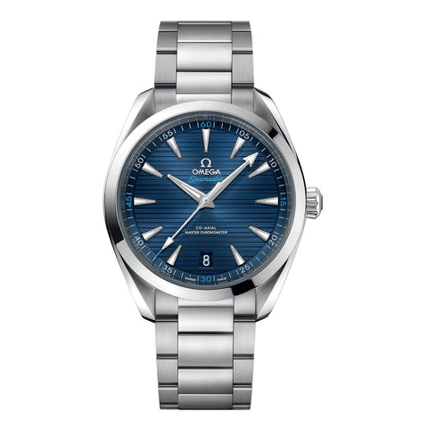 Omega Seamaster Aqua Terra 150m 41mm-Omega Seamaster Aqua Terra 150m Omega Co-Axial Master Chronometer in a 41mm stainless steel case with blue dial on stainless steel bracelet, featuring a date display and automatic movement.
