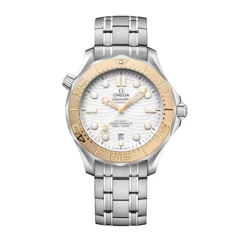 Omega Seamaster Diver 300 42mm - Paris 2024-Omega Seamaster Diver 300m - 522.21.42.20.04.001 - Omega Seamaster Diver 300m Olympic Games Paris 2024 in 42mm stainless steel/18k Moonshine Gold bezel case with white ceramic dial on stainless steel bracelet, featuring a date display and automatic movement.