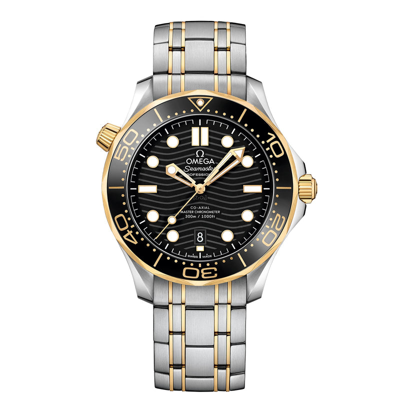 Omega Seamaster Diver 300 42mm-Omega Seamaster Diver 300M Co-Axial Master Chronometer in a 42mm stainless steel/yellow gold case with black dial on stainless steel/yellow gold bracelet, featuring a date display and automatic movement.
