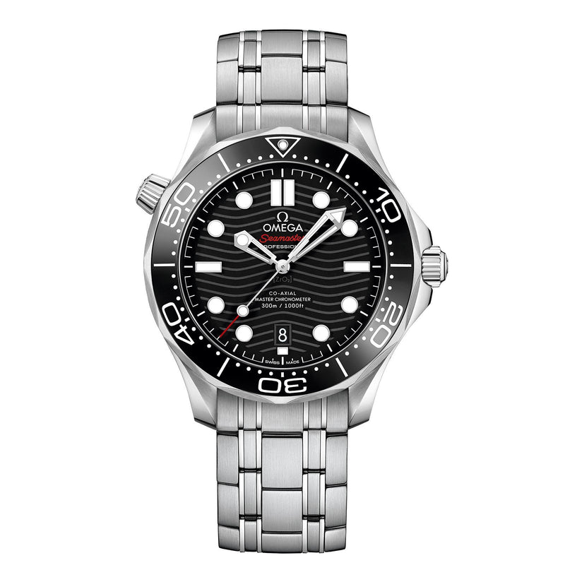 Omega Seamaster Diver 300 42mm-Omega Seamaster Diver 300M Co-Axial Master Chronometer in a 42mm stainless steel case with black dial on stainless steel bracelet, featuring a date display and automatic movement.