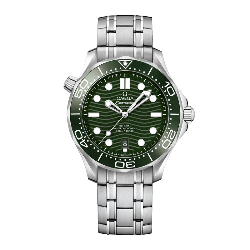 Omega Seamaster Diver 300 42mm-Omega Seamaster Diver 300m Co-axial Master Chronometer in a 42mm stainless steel case with green dial on stainless steel bracelet, featuring a date display and automatic movement.