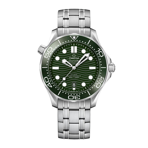 Omega Seamaster Diver 300 42mm-Omega Seamaster Diver 300m Co-axial Master Chronometer in a 42mm stainless steel case with green dial on stainless steel bracelet, featuring a date display and automatic movement.