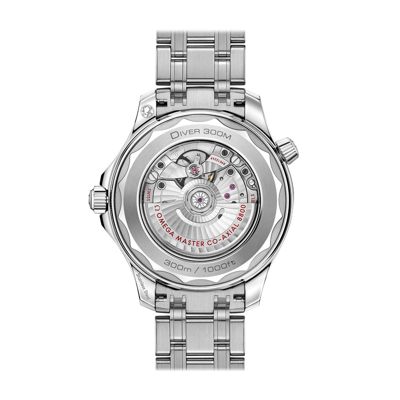 Omega Seamaster Diver 300 42mm-Omega Seamaster Diver 300m Co-axial Master Chronometer in a 42mm stainless steel case with green dial on stainless steel bracelet, featuring a date display and automatic movement.