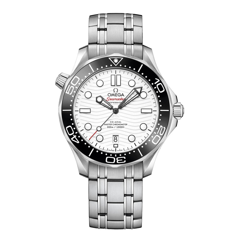 Omega Seamaster Diver 300 42mm-Omega Seamaster Diver 300M Omega Co-Axial Master Chronometer in a 42mm stainless steel case with white dial on stainless steel bracelet, featuring a date display and automatic movement.